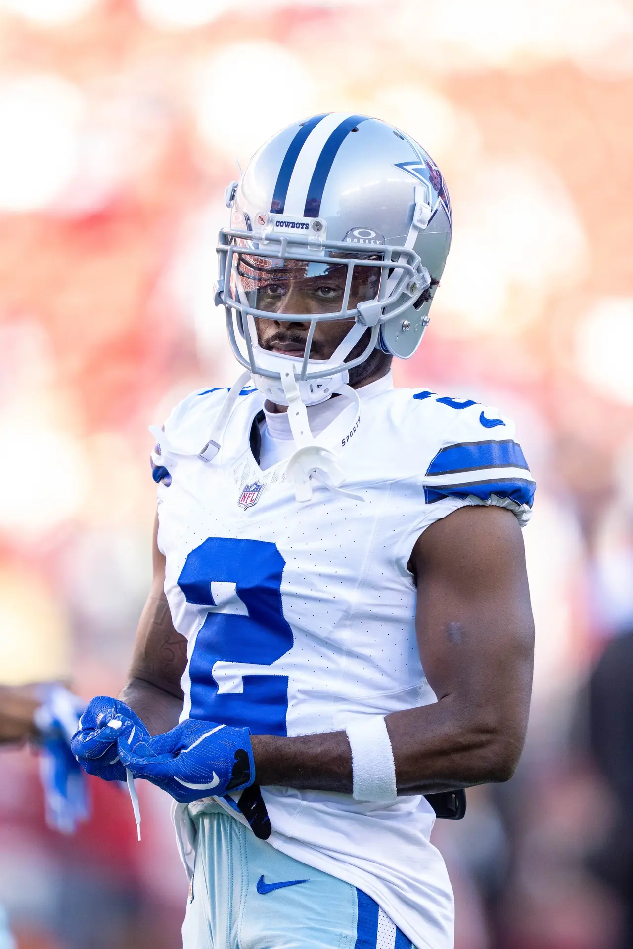 October 8, 2023; Santa Clara, California, USA; Dallas Cowboys cornerback Jourdan Lewis (2) warms up before the game against the San Francisco 49ers at Levi's Stadium. Mandatory Credit: Kyle Terada-USA TODAY Sports