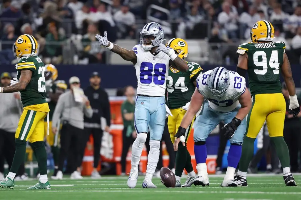 Jan 14, 2024; Arlington, Texas, USA; Dallas Cowboys wide receiver CeeDee Lamb (88) reacts after a play against the Green Bay Packers in the second half for the 2024 NFC wild card game at AT&T Stadium. Mandatory Credit: Kevin Jairaj-USA TODAY Sports