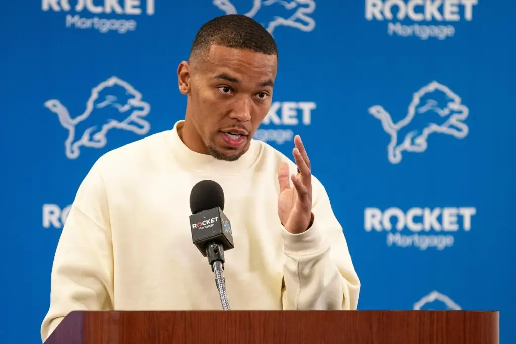 Lions wide receiver Amon-Ra St. Brown speaks at a press conference at Detroit Lions headquarters and training facility in Allen Park on Friday, April 26, 2024. © Junfu Han / USA TODAY NETWORK