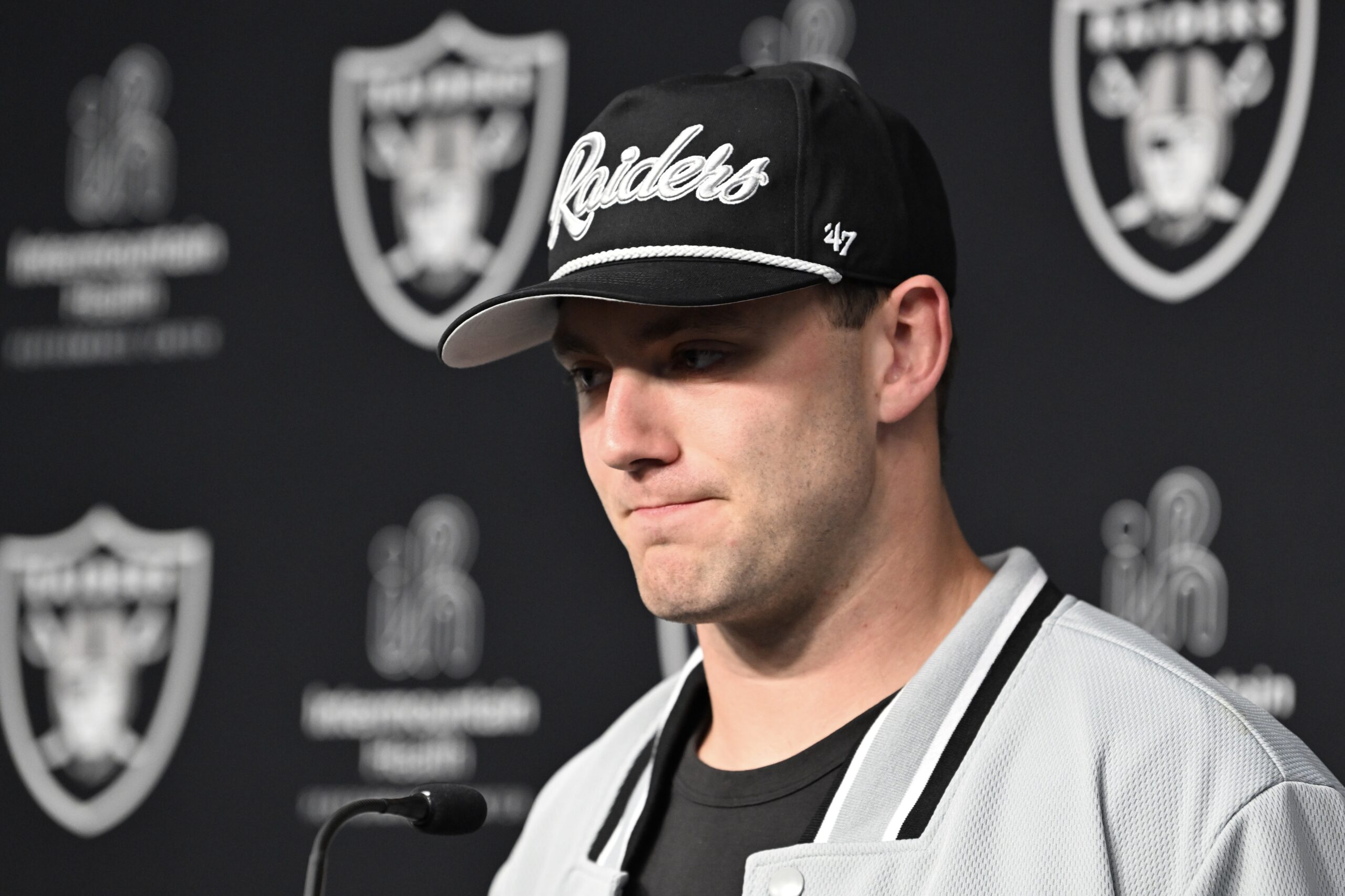 Apr 26, 2024; Henderson, NV, USA; Las Vegas Raiders tight end Brock Bowers speaks to the media at Intermountain Health Performance Center in Henderson, NV. Mandatory Credit: Candice Ward-USA TODAY Sports