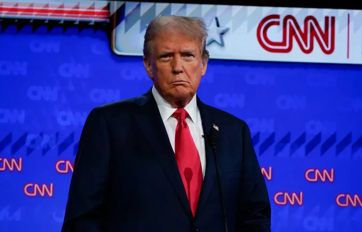 Jun 27, 2024; Atlanta, GA, USA; Former President Donald Trump during the debate at CNN's studios in Atlanta. CNN Anchors Jake Tapper and Dana Bash are moderators of the debate. Mandatory Credit: Jack Gruber-USA TODAY