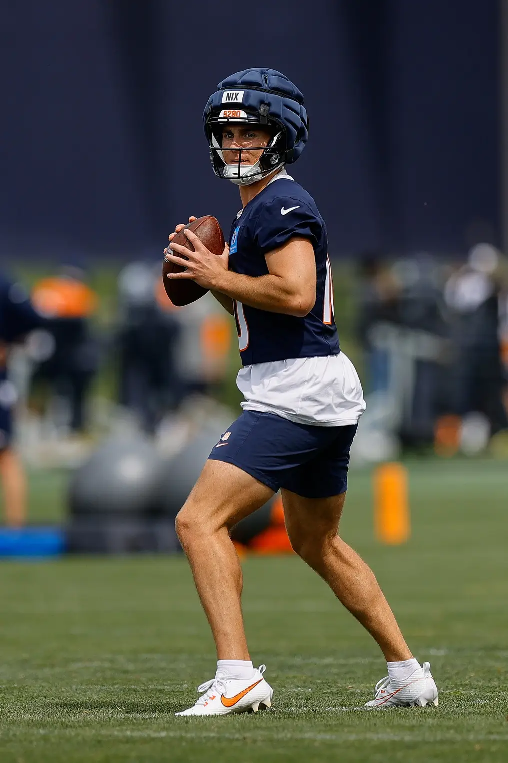 Jul 26, 2024; Englewood, CO, USA; Denver Broncos quarterback Bo Nix (10) during training camp at Broncos Park Powered by CommonSpirit. Mandatory Credit: Isaiah J. Downing-USA TODAY Sports