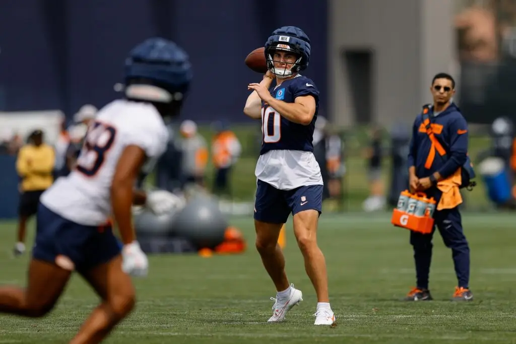 Jul 26, 2024; Englewood, CO, USA; Denver Broncos quarterback Bo Nix (10) during training camp at Broncos Park Powered by CommonSpirit. Mandatory Credit: Isaiah J. Downing-USA TODAY Sports