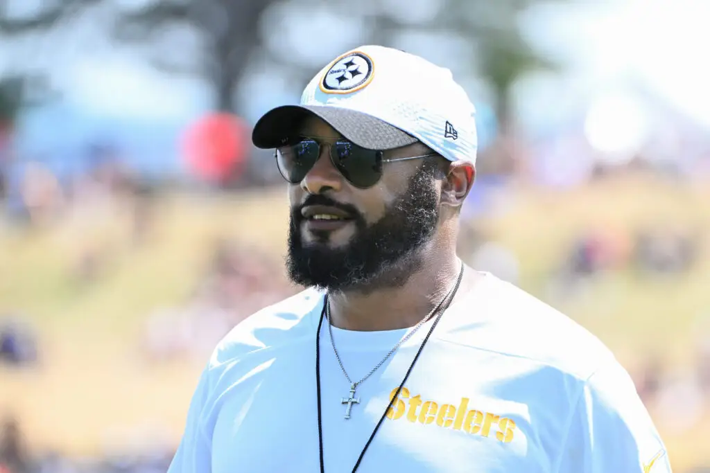 Jul 28, 2024; Latrobe, PA, USA; Pittsburgh Steelers head coach Mike Tomlin participates in drills during training camp at Saint Vincent College. Mandatory Credit: Barry Reeger-USA TODAY Sports