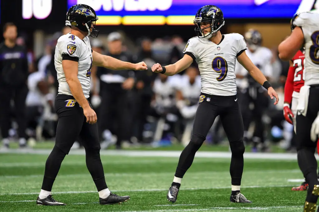 Dec 2, 2018; Atlanta, GA, USA; Baltimore Ravens kicker Justin Tucker (9) reacts with punter Sam Koch (4) after kicking a field goal against the Atlanta Falcons during the second half at Mercedes-Benz Stadium. Mandatory Credit: Dale Zanine-USA TODAY Sports