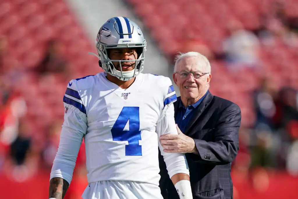 August 10, 2019; Santa Clara, CA, USA; Dallas Cowboys quarterback Dak Prescott (4) and owner Jerry Jones (right) before the game against the San Francisco 49ers at Levi's Stadium. Mandatory Credit: Kyle Terada-USA TODAY Sports