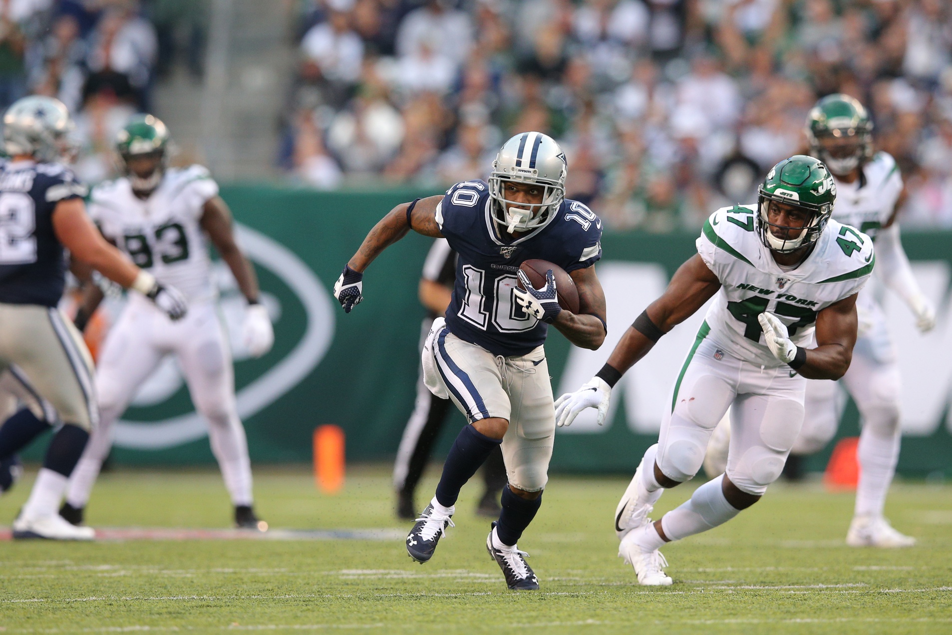 Oct 13, 2019; East Rutherford, NJ, USA; Dallas Cowboys wide receiver Tavon Austin (10) runs the ball against the New York Jets during the second quarter at MetLife Stadium. Mandatory Credit: Brad Penner-USA TODAY Sports