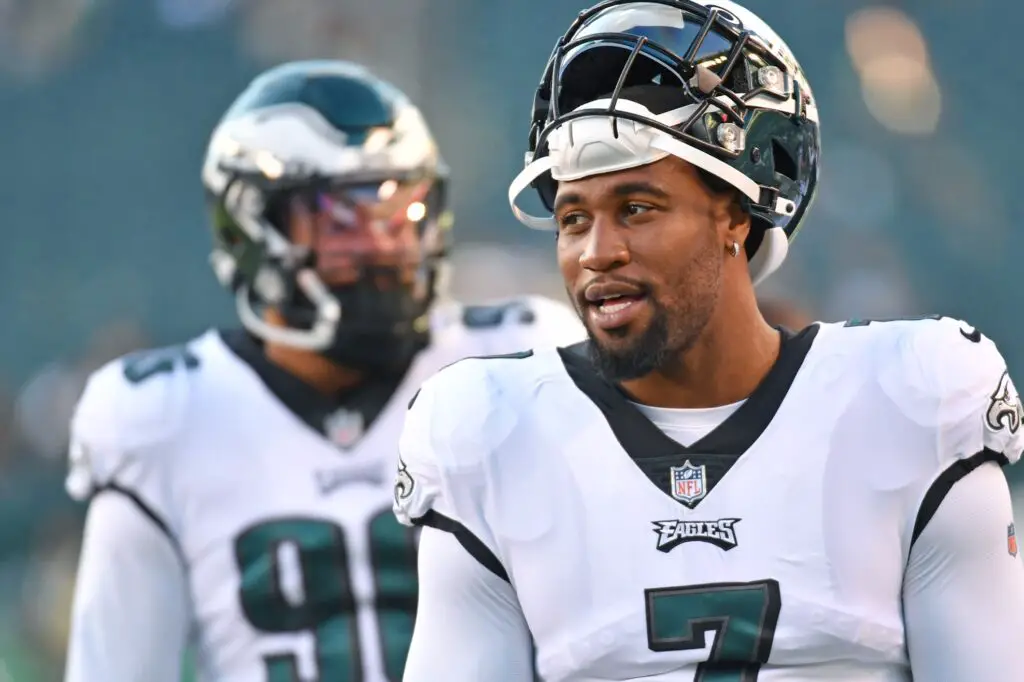 Aug 12, 2022; Philadelphia, Pennsylvania, USA; Philadelphia Eagles linebacker Haason Reddick (7) during warmups against the New York Jets at Lincoln Financial Field. Mandatory Credit: Eric Hartline-USA TODAY Sports (Lions)