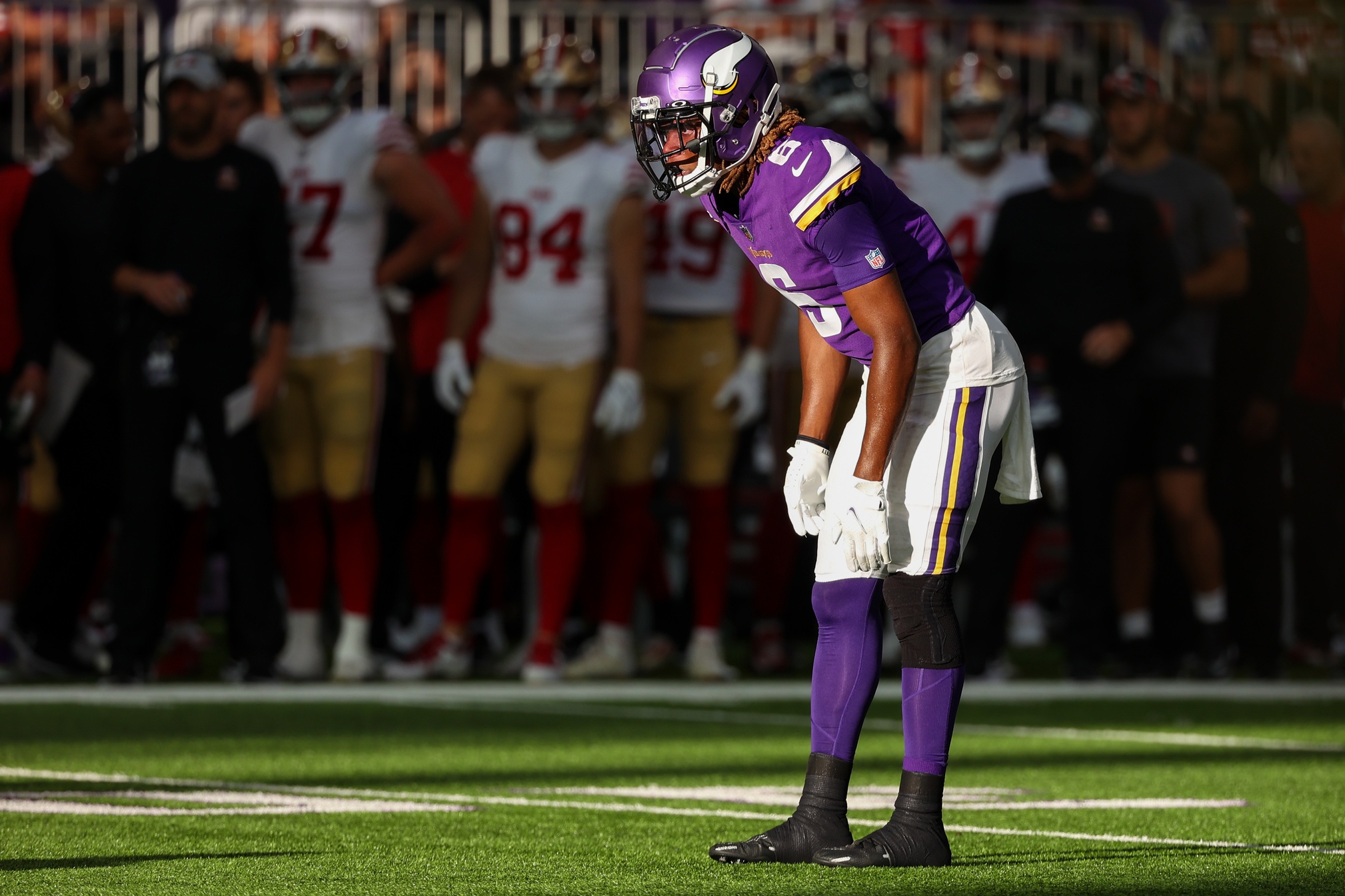 Aug 20, 2022; Minneapolis, Minnesota, USA; Minnesota Vikings safety Lewis Cine (6) lines up during the second quarter against the San Francisco 49ers at U.S. Bank Stadium. Mandatory Credit: Matt Krohn-USA TODAY Sports