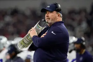 Dec 11, 2022; Arlington, Texas, USA; Dallas Cowboys head coach Mike McCarthy stands on the sidelines during the first half of a game against the Houston Texans at AT&T Stadium. Mandatory Credit: Raymond Carlin III-USA TODAY Sports