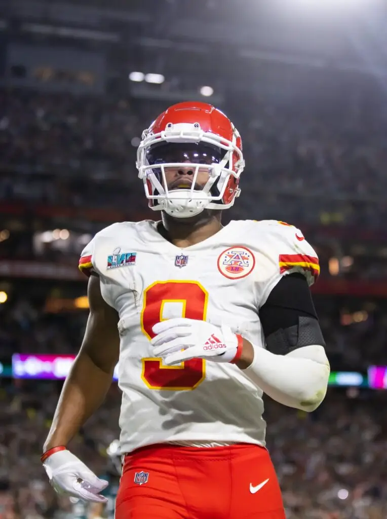 Feb 12, 2023; Glendale, Arizona, US; Kansas City Chiefs wide receiver JuJu Smith-Schuster (9) against the Philadelphia Eagles during Super Bowl LVII at State Farm Stadium. Mandatory Credit: Mark J. Rebilas-USA TODAY Sports