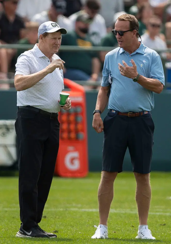 Green Bay Packers president and CEO Mark Murphy, left, talks with Hall of Fame former quarterback Peyton Manning during practice on Monday, July 31, 2023, at Ray Nitschke Field in Green Bay, Wis.© Tork Mason/USA TODAY NETWORK-Wisconsin / USA TODAY NETWORK