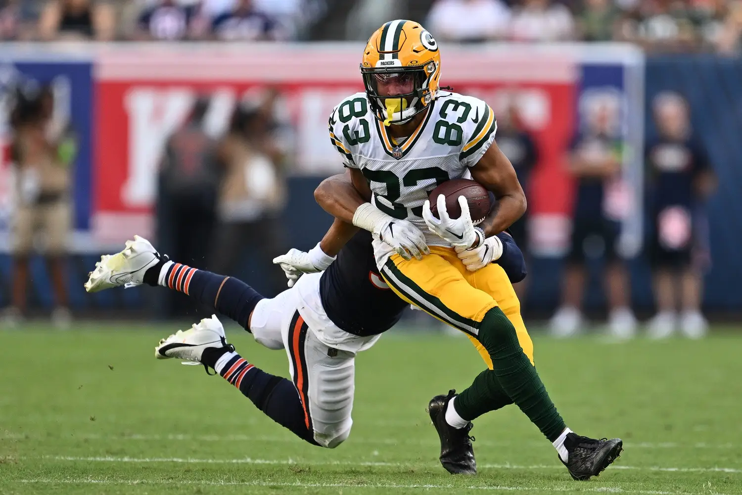 Breaking: Bears Release Former Packers' Long-Time Weapon In Surprising Move 3 Sep 10, 2023; Chicago, Illinois, USA; Green Bay Packers wide receiver Samori Toure (83) runs for a gain as Chicago Bears linebacker T.J. Edwards (53) hangs on for the tackle in the second half at Soldier Field. Mandatory Credit: Jamie Sabau-USA TODAY Sports