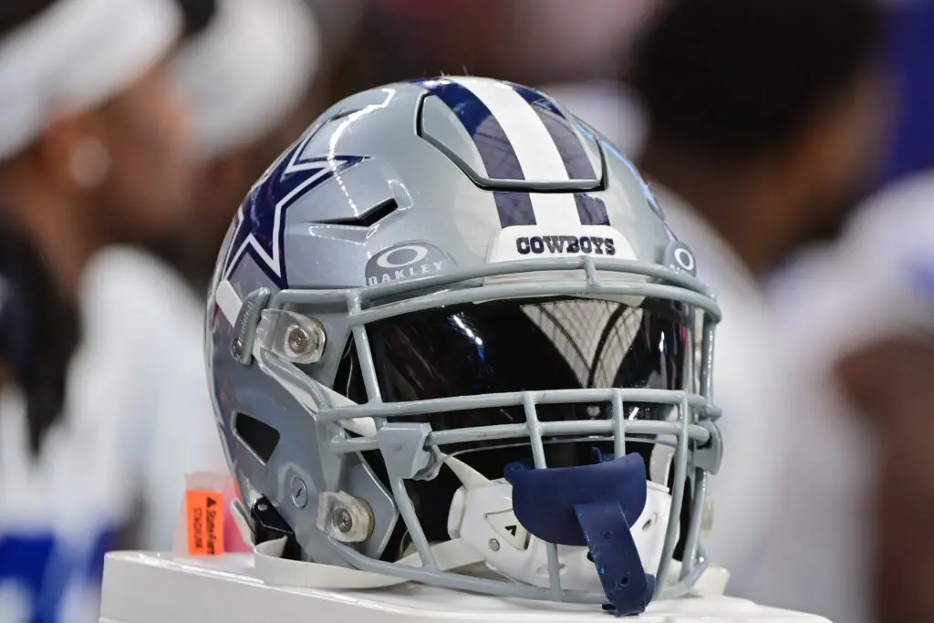 Sep 24, 2023; Glendale, Arizona, USA; Detail view of a Dallas Cowboys helmet in the second half against the Arizona Cardinals at State Farm Stadium. Mandatory Credit: Matt Kartozian-USA TODAY Sports