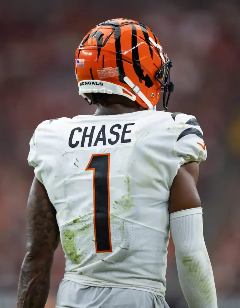 Oct 8, 2023; Glendale, Arizona, USA; Detailed view of the jersey of Cincinnati Bengals wide receiver Ja'Marr Chase (1) against the Arizona Cardinals at State Farm Stadium. Mandatory Credit: Mark J. Rebilas-USA TODAY Sports