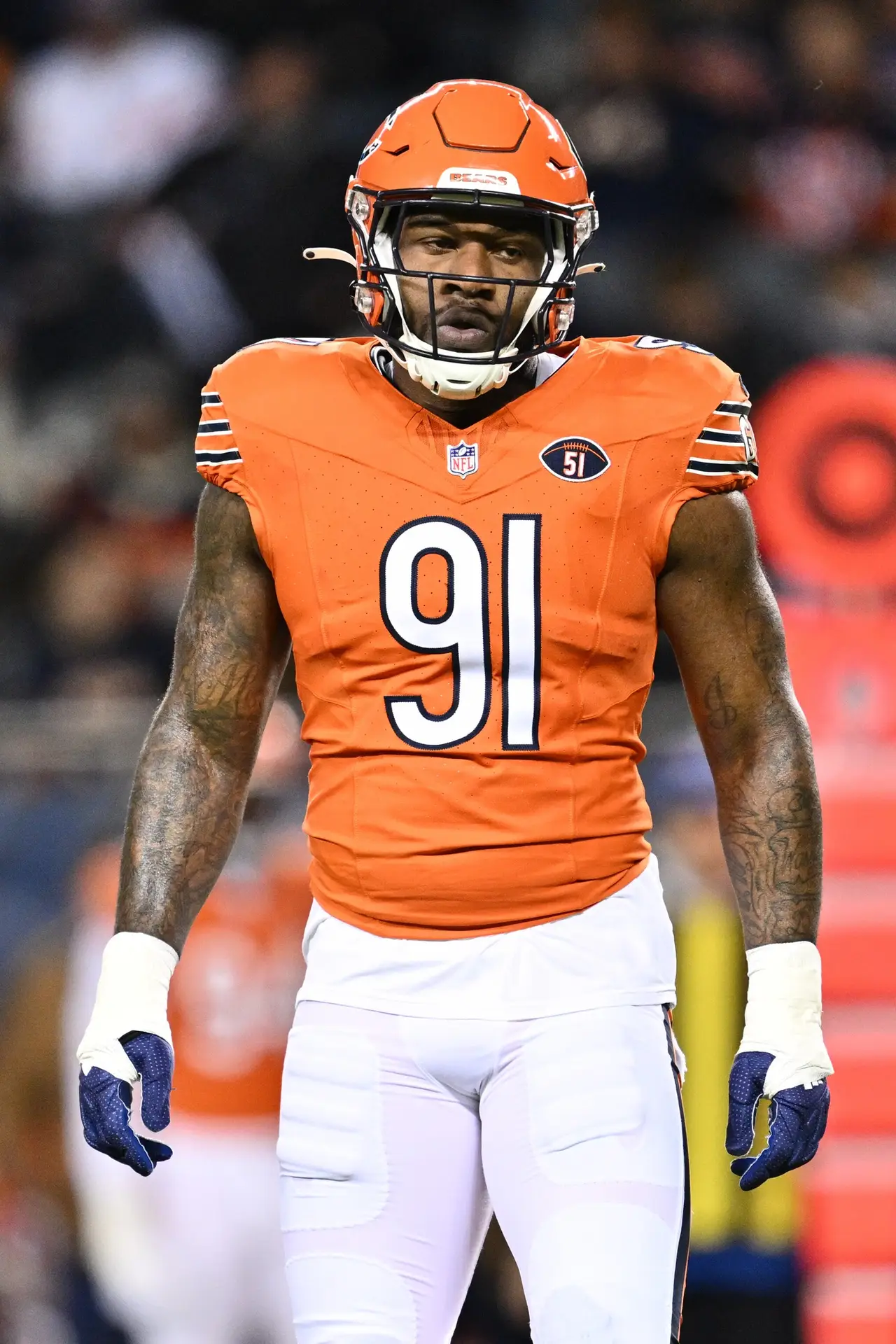 Nov 9, 2023; Chicago, Illinois, USA; Chicago Bears defensive lineman Yannick Ngakoue (91) takes a breather during a game against the Carolina Panthers at Soldier Field. Mandatory Credit: Jamie Sabau-USA TODAY Sports