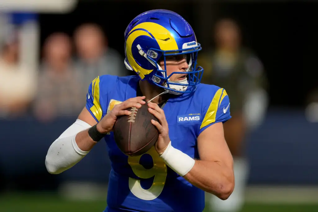 Nov 19, 2023; Inglewood, California, USA; Los Angeles Rams quarterback Matthew Stafford (9) looks to pass against the Seattle Seahawks in the first quarter at SoFi Stadium. Mandatory Credit: Kirby Lee-USA TODAY Sports