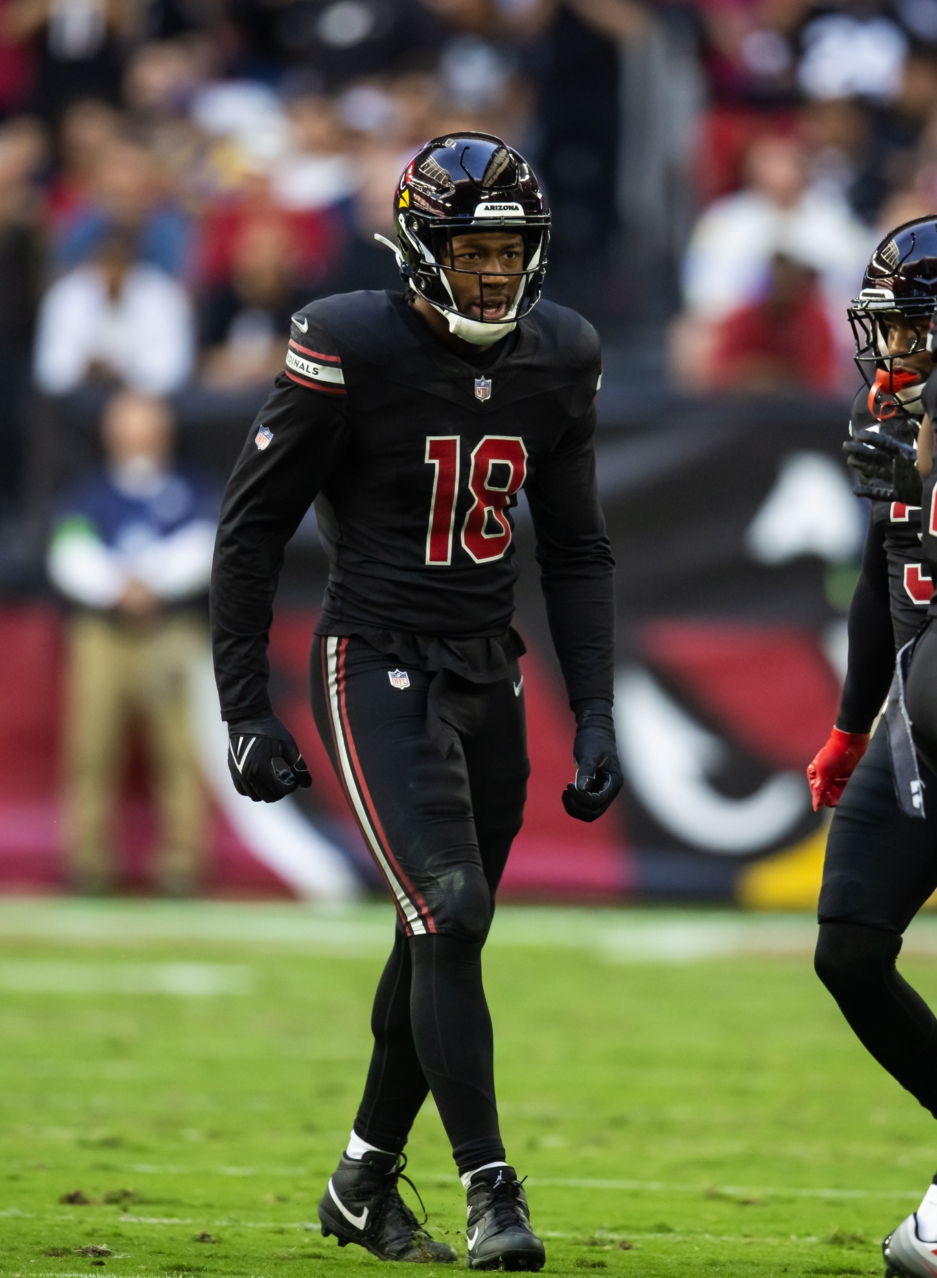 Nov 26, 2023; Glendale, Arizona, USA; Arizona Cardinals linebacker BJ Ojulari (18) against the Los Angeles Rams at State Farm Stadium. Mandatory Credit: Mark J. Rebilas-USA TODAY Sports