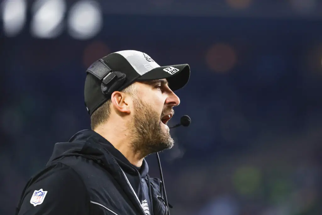 Dec 18, 2023; Seattle, Washington, USA; Philadelphia Eagles head coach Nick Sirianni reacts to a penalty against the Seattle Seahawks during the second quarter at Lumen Field. Mandatory Credit: Joe Nicholson-USA TODAY Sports