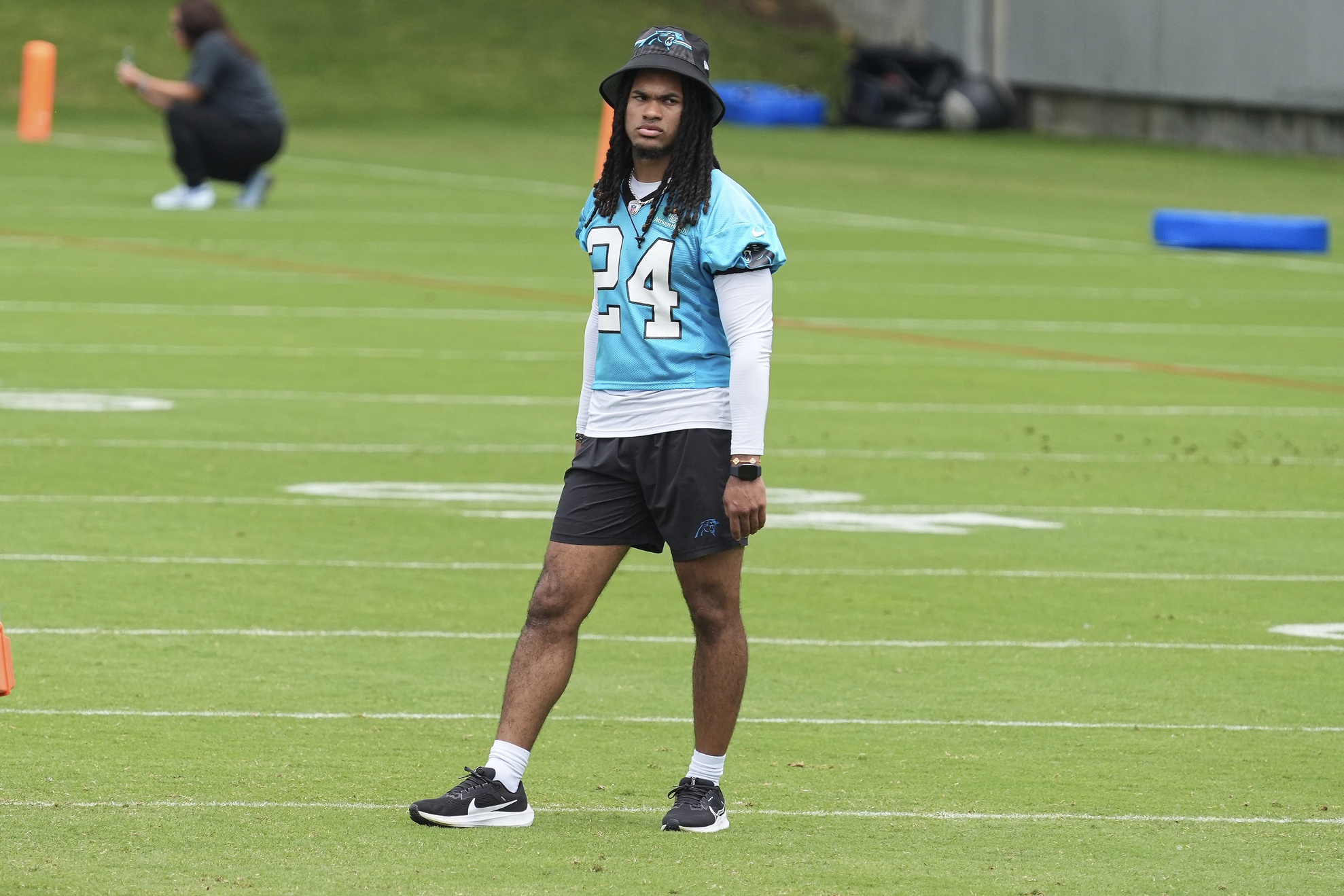 Jun 4, 2024; Charlotte, NC, USA; Rookie Carolina Panthers running back Jonathon Brooks (24) during OTAs. Mandatory Credit: Jim Dedmon-USA TODAY Sports