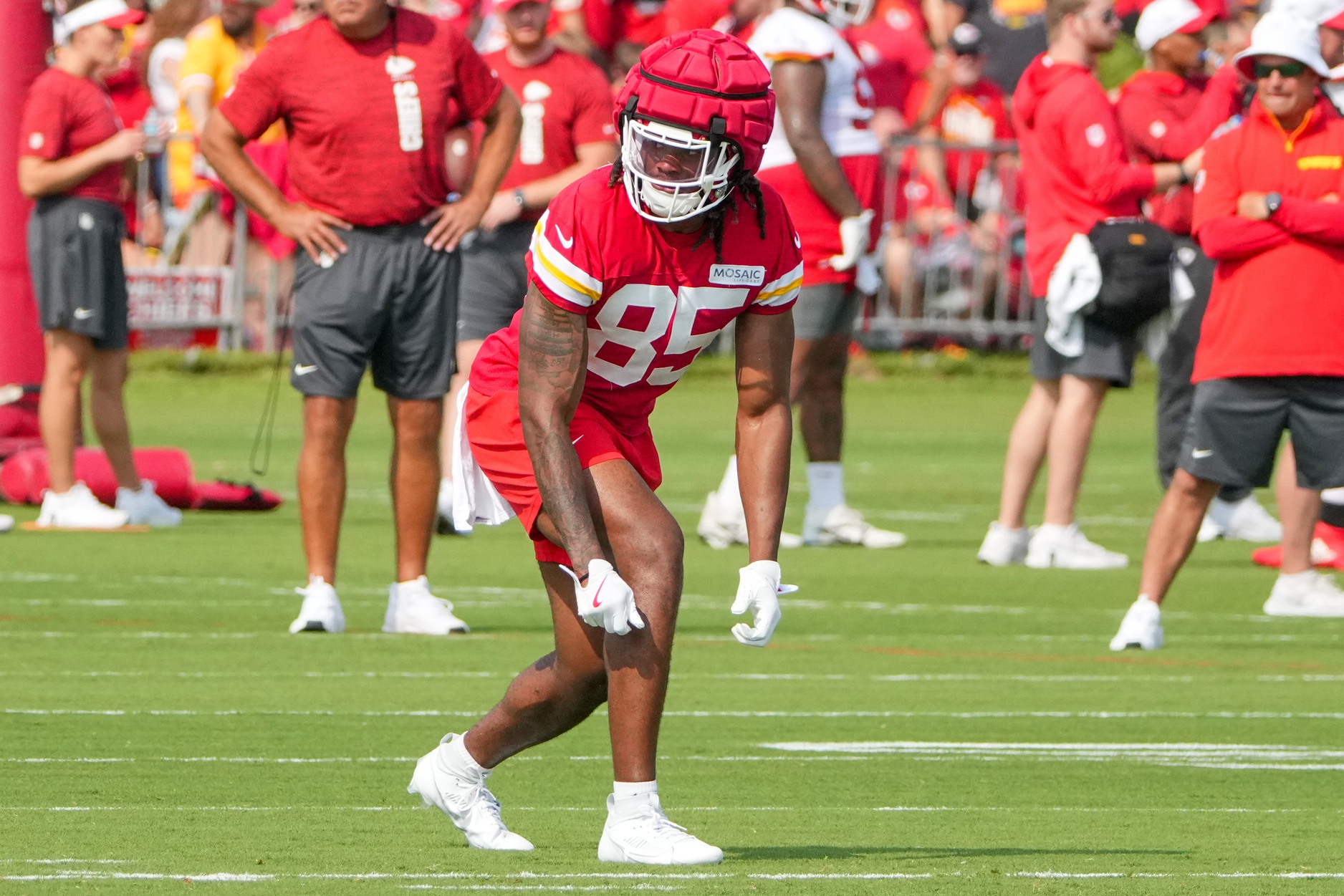 Jul 22, 2024; St. Joseph, MO, USA; Kansas City Chiefs wide receiver Izaiah Gathings (85) lines up during training camp at Missouri Western State University. Mandatory Credit: Denny Medley-USA TODAY Sports