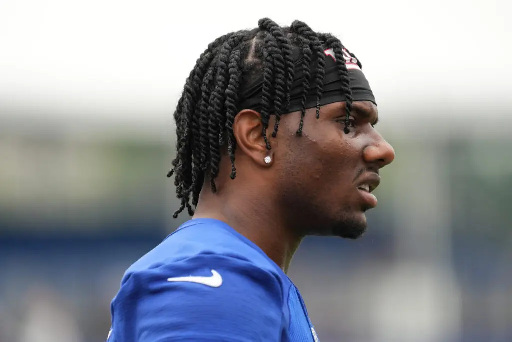 Jul 25, 2024; East Rutherford, NY, USA; New York Giants wide receiver Malik Nabers (9) looks on during training camp at Quest Diagnostics Training Center. Mandatory Credit: Lucas Boland-USA TODAY Sports