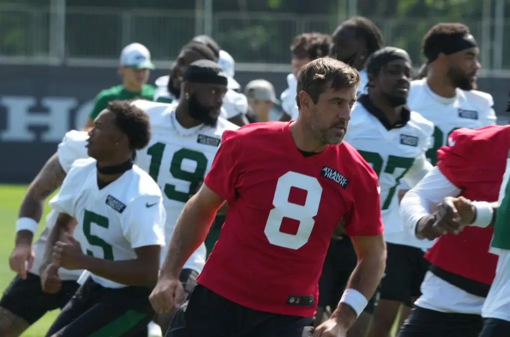 Florham Park, NJ -- July 27, 2024 -- Quarterback, Aaron Rodgers gets ready for the upcoming season at New York Jets training camp this morning. © Chris Pedota, NorthJersey.com / USA TODAY NETWORK
