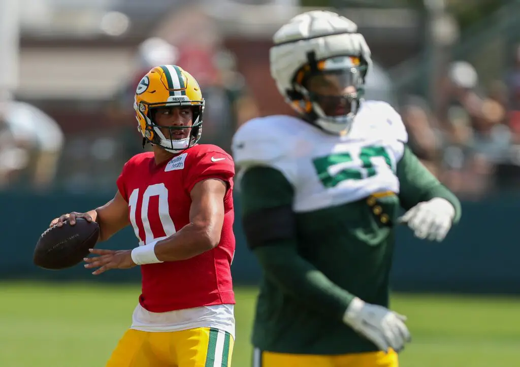 Green Bay Packers quarterback Jordan Love (10) passes the ball during the eighth practice of training camp on Wednesday, July 31, 2024, at Ray Nitschke Field in Ashwaubenon, Wis. Tork Mason/USA TODAY NETWORK-Wisconsin