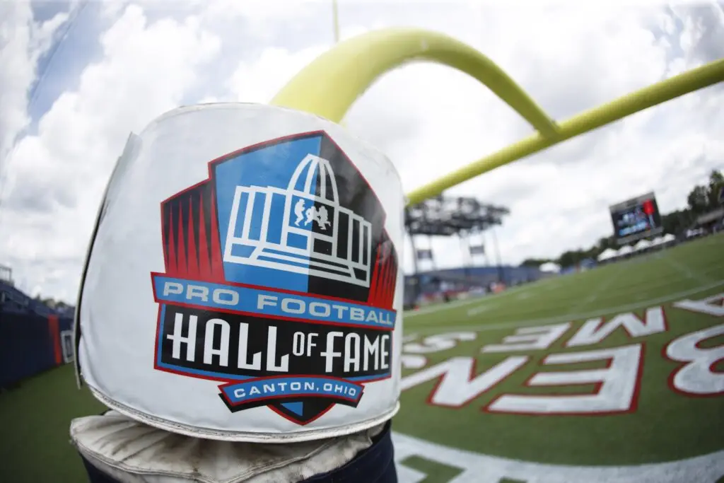 2025 Hall of Fame Game Matchup Revealed 1 Aug 1, 2024; Canton, Ohio, USA; Goal post logo signage on the field at the Tom Benson Hall of Fame Stadium site of the Professional Football Hall of Fame game and Class of 2024 induction ceremonies. Mandatory Credit: Charles LeClaire-USA TODAY Sports