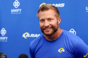 NFL Aug 1, 2024; Los Angeles, CA, USA; Los Angeles Rams head coach Sean McVay speaks to the media after training camp at Loyola Marymount University. Mandatory Credit: Kiyoshi Mio-USA TODAY Sports