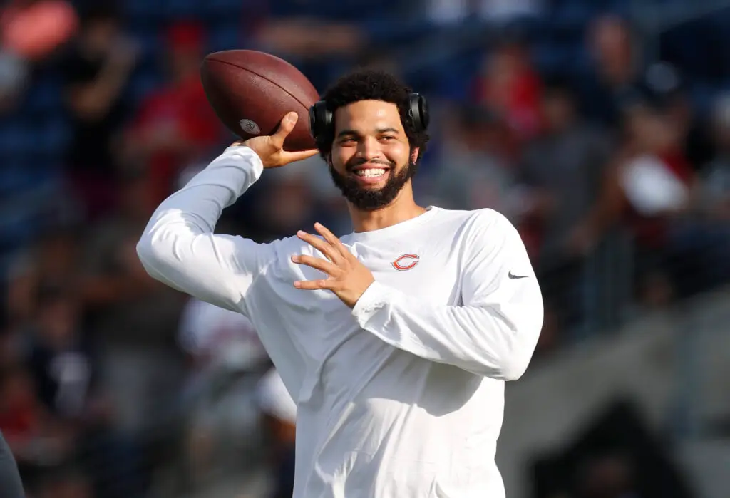 Aug 1, 2024; Canton, Ohio, USA; Chicago Bears quarterback Caleb Williams (18) warms up before the game against the Houston Texans at Tom Benson Hall of Fame Stadium. Mandatory Credit: Charles LeClaire-USA TODAY Sports