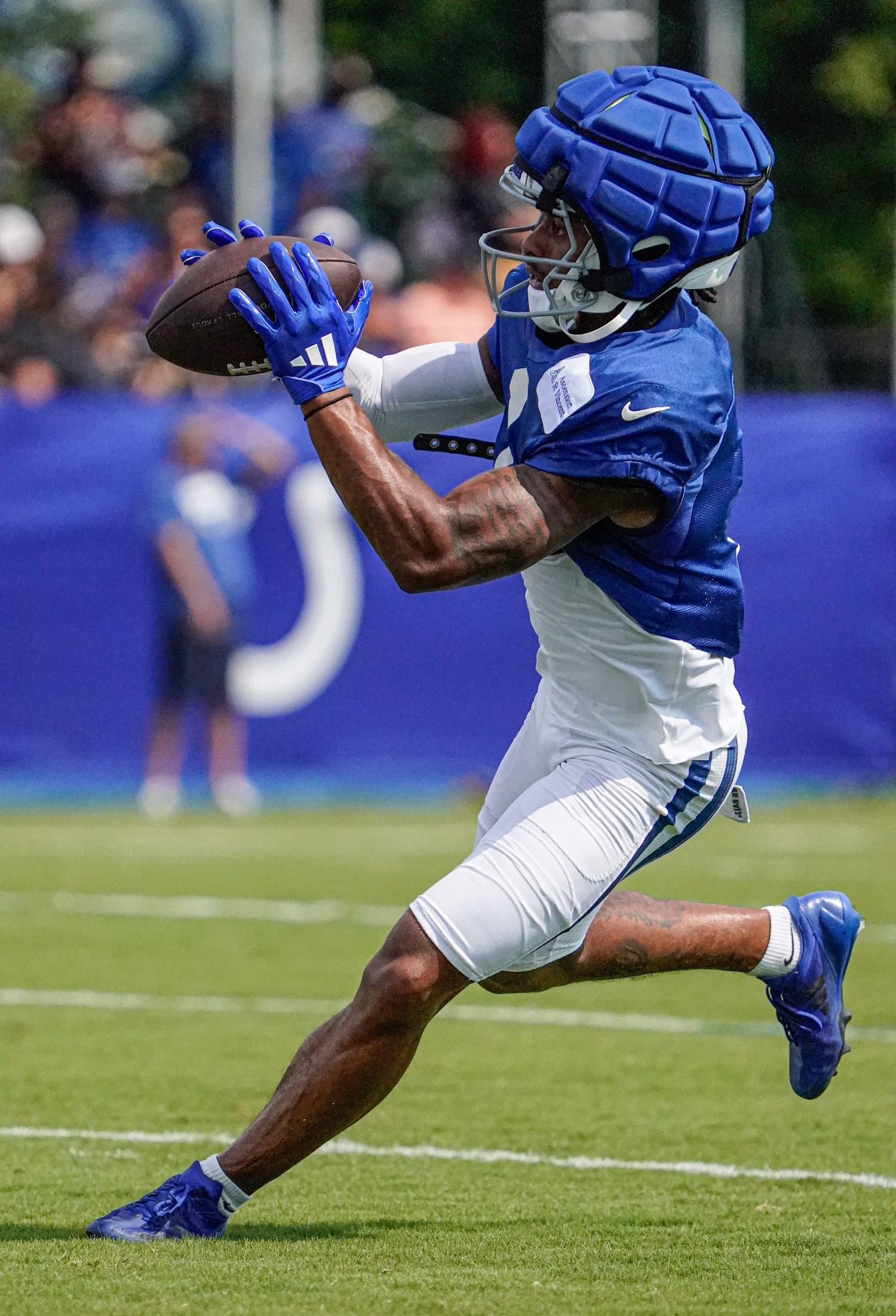 Indianapolis Colts wide receiver Josh Downs (1) runs drills during Colts Camp at Grand Park on Sunday, August. 4, 2024, in Westfield Ind. © Michelle Pemberton/IndyStar / USA TODAY NETWORK