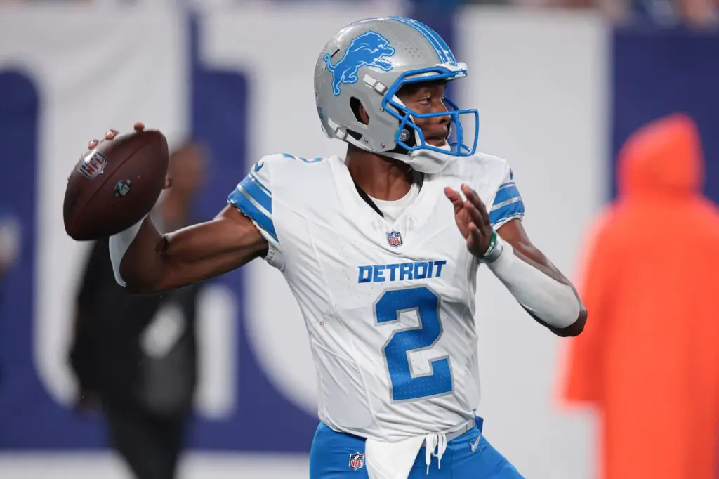 Aug 8, 2024; East Rutherford, New Jersey, USA; Detroit Lions quarterback Hendon Hooker (2) throws the ball during the second half against the New York Giants at MetLife Stadium. Mandatory Credit: Vincent Carchietta-USA TODAY Sports