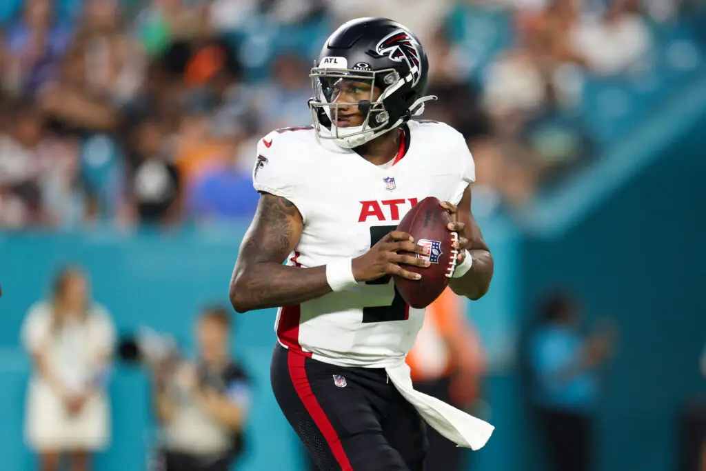 Aug 9, 2024; Miami Gardens, Florida, USA; Atlanta Falcons quarterback Michael Penix Jr. (9) drops back to pass against the Miami Dolphins in the second quarter during preseason at Hard Rock Stadium. Mandatory Credit: Nathan Ray Seebeck-USA TODAY Sports