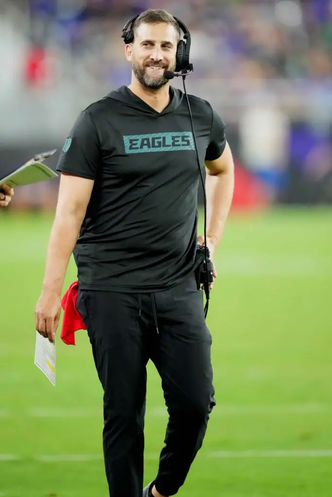 Aug 9, 2024; Baltimore, Maryland, USA; Philadelphia Eagles head coach Nick Sirianni looks at the scoreboard in the fourth quarter against the Baltimore Ravens at M&T Bank Stadium. Mandatory Credit: Mitch Stringer-USA TODAY Sports