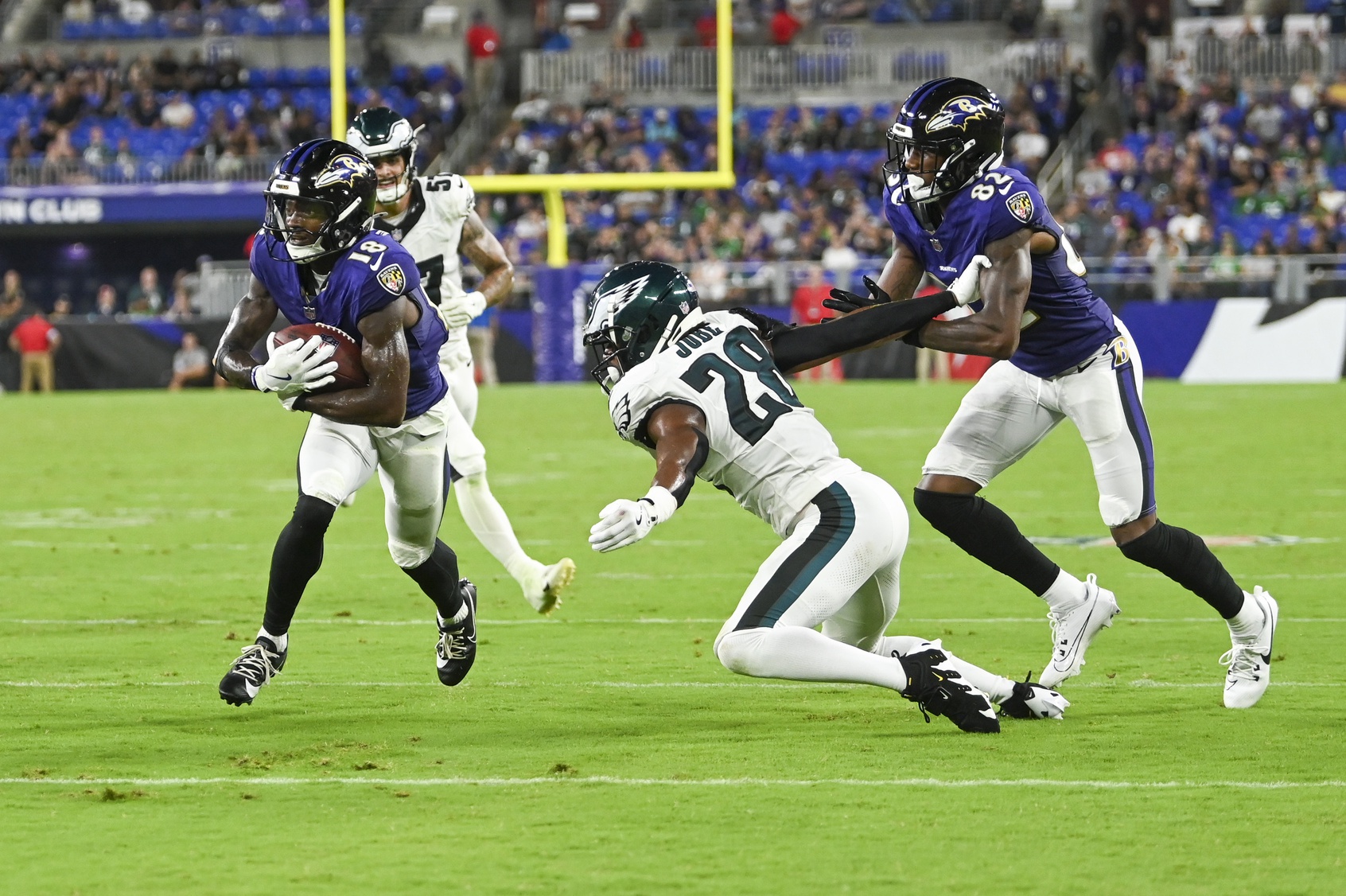 Aug 9, 2024; Baltimore, Maryland, USA; Baltimore Ravens wide receiver Dayton Wade (18) runs after as catch during the second half of a preseason game against the Philadelphia Eagles at M&T Bank Stadium. Mandatory Credit: Tommy Gilligan-USA TODAY Sports