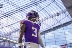 Aug 10, 2024; Minneapolis, Minnesota, USA; Minnesota Vikings wide receiver Jordan Addison (3) warms up before the game against the Las Vegas Raiders at U.S. Bank Stadium. Mandatory Credit: Brad Rempel-USA TODAY Sports