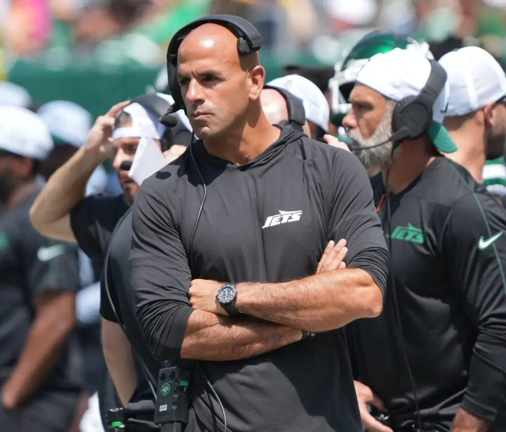 East Rutherford, NJ — August 10, 2024 — Jets head coach Robert Saleh in the first half as the Washington Commanders came to MetLife Stadium to play the New York Jets in the first preseason game of the 2024 season.