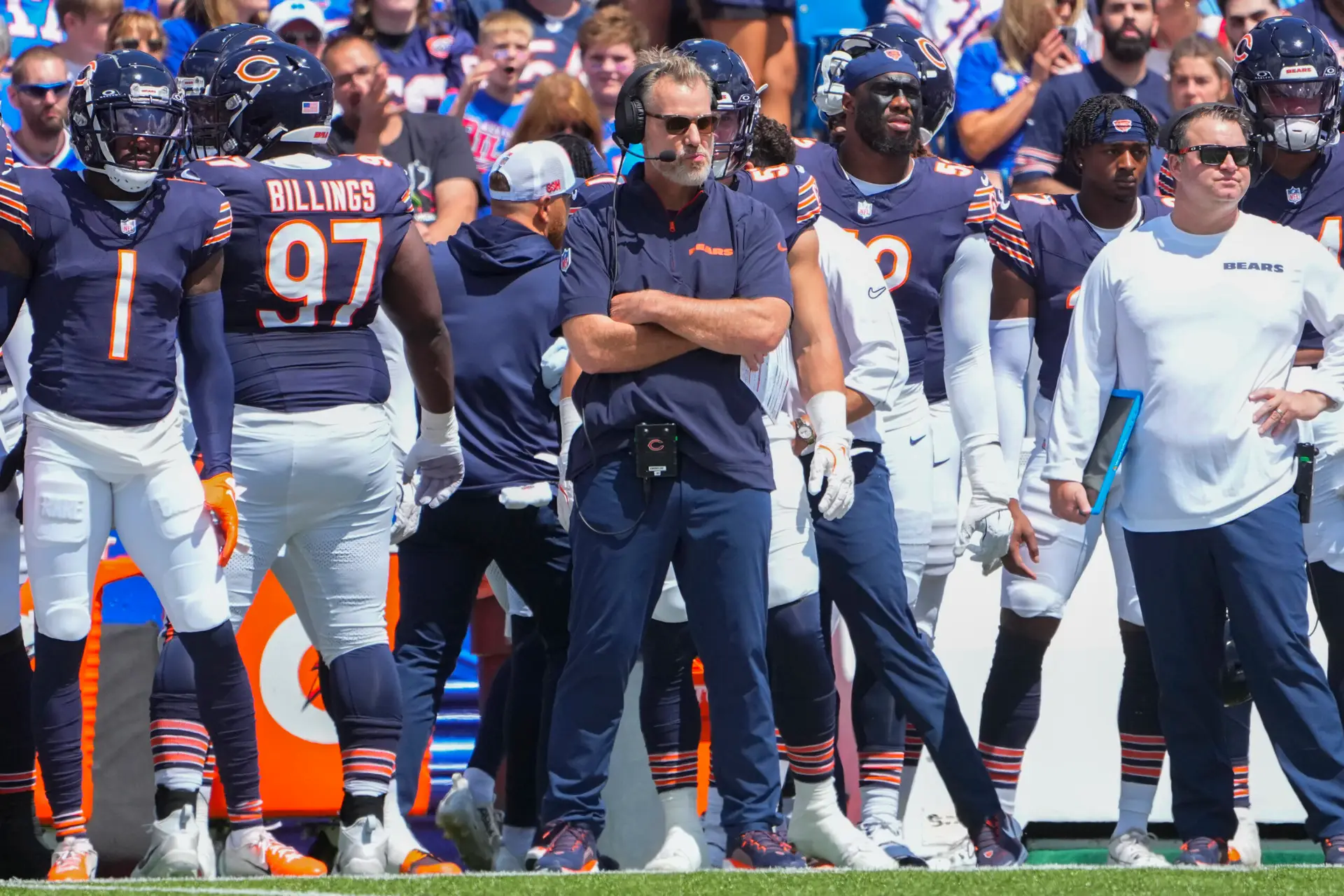 Aug 10, 2024; Orchard Park, New York, USA; Chicago Bears head coach Matt Eberflus looks on from the sidelines during the first half against the Buffalo Bills at Highmark Stadium. Mandatory Credit: Gregory Fisher-USA TODAY Sports