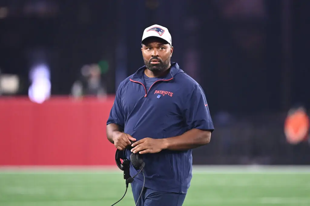 Aug 15, 2024; Foxborough, MA, USA; New England Patriots head coach Jerod Mayo walks out to check on an injured player during the second half against the Philadelphia Eagles at Gillette Stadium. Mandatory Credit: Eric Canha-USA TODAY SportsAug 15, 2024; Foxborough, MA, USA; New England Patriots head coach Jerod Mayo walks out to check on an injured player during the second half against the Philadelphia Eagles at Gillette Stadium. Mandatory Credit: Eric Canha-USA TODAY Sports