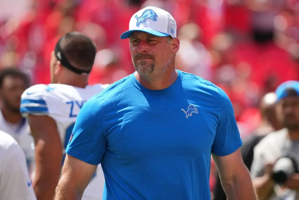 Aug 17, 2024; Kansas City, Missouri, USA; Detroit Lions head coach Dan Campbell walks on the field against the Kansas City Chiefs prior to a game at GEHA Field at Arrowhead Stadium. Mandatory Credit: Denny Medley-USA TODAY Sports