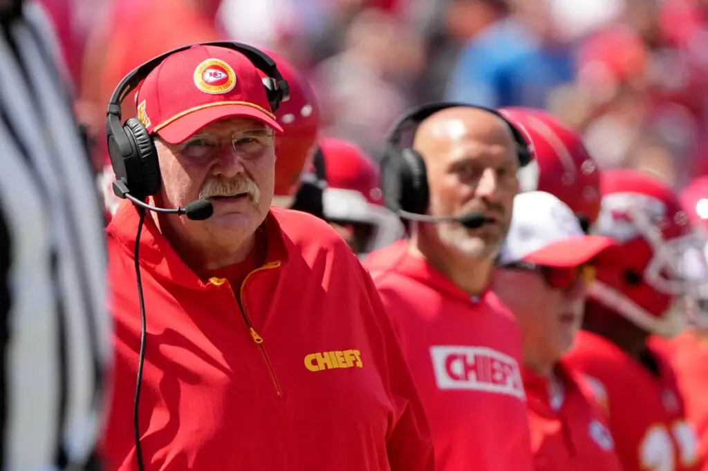 Aug 17, 2024; Kansas City, Missouri, USA; Kansas City Chiefs head coach Andy Reid watches play against the Detroit Lions during the first half at GEHA Field at Arrowhead Stadium. Mandatory Credit: Denny Medley-USA TODAY Sports