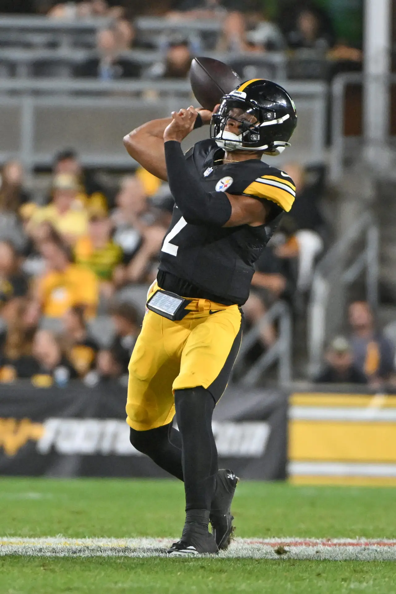 Aug 17, 2024; Pittsburgh, Pennsylvania, USA; Pittsburgh Steelers quarterback Justin Fields (2) passes against the Buffalo Bills during the third quarter at Acrisure Stadium. Mandatory Credit: Barry Reeger-USA TODAY Sports