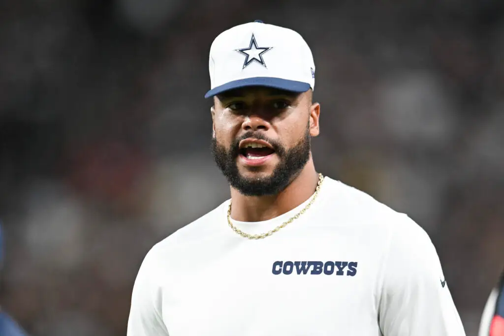 Aug 17, 2024; Paradise, Nevada, USA; Dallas Cowboys quarterback Dak Prescott (4) looks on from the sideline in the third quarter against the Las Vegas Raiders at Allegiant Stadium. Mandatory Credit: Candice Ward-USA TODAY Sports