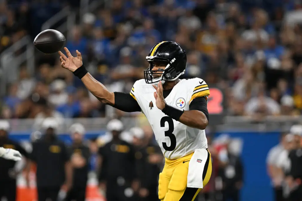 Aug 24, 2024; Detroit, Michigan, USA; Pittsburgh Steelers quarterback Russell Wilson (3) throws a pass against the Detroit Lions in the first quarter at Ford Field. Mandatory Credit: Lon Horwedel-USA TODAY Sports