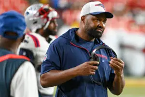 Aug 25, 2024; Landover, Maryland, USA; New England Patriots head coach Jerod Mayo during the second half against the Washington Commanders at Commanders Field. Mandatory Credit: Tommy Gilligan-USA TODAY Sports