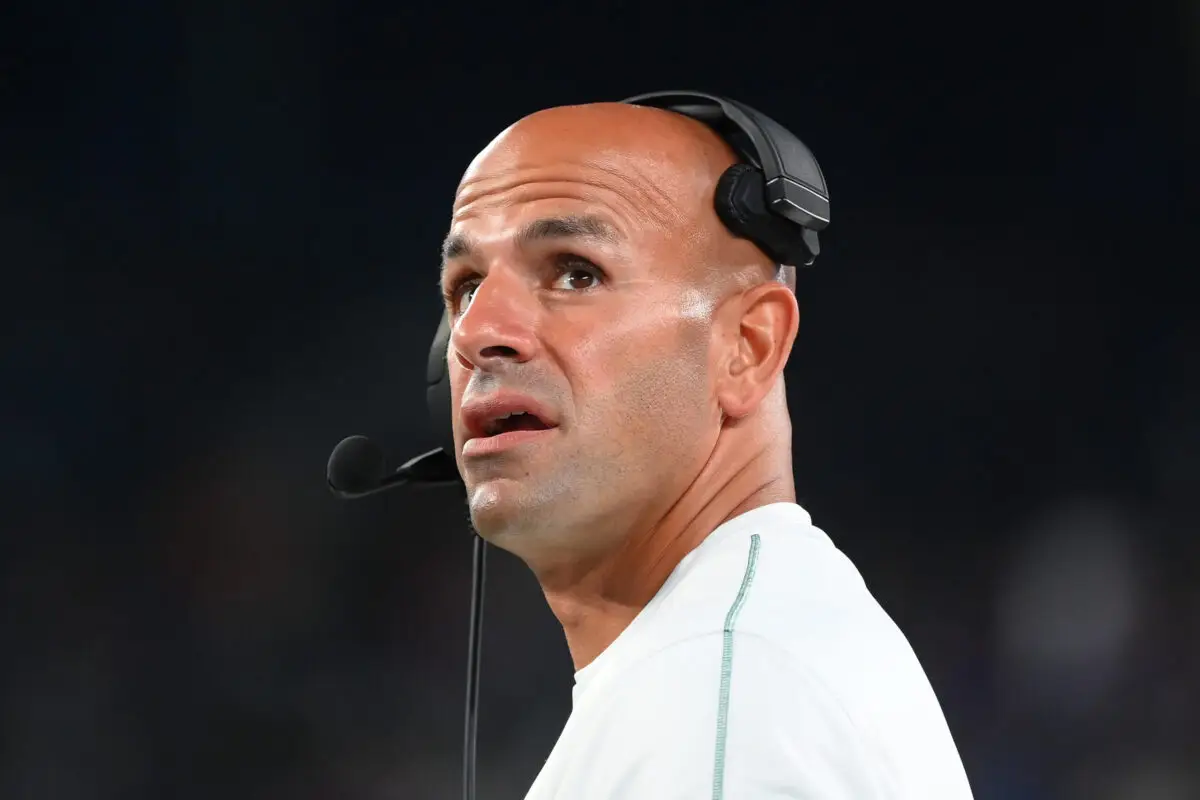 Aug 24, 2024; East Rutherford, New Jersey, USA; New York Jets head coach Robert Saleh looks on against the New York Giants during the second half at MetLife Stadium. Mandatory Credit: Rich Barnes-USA TODAY Sports