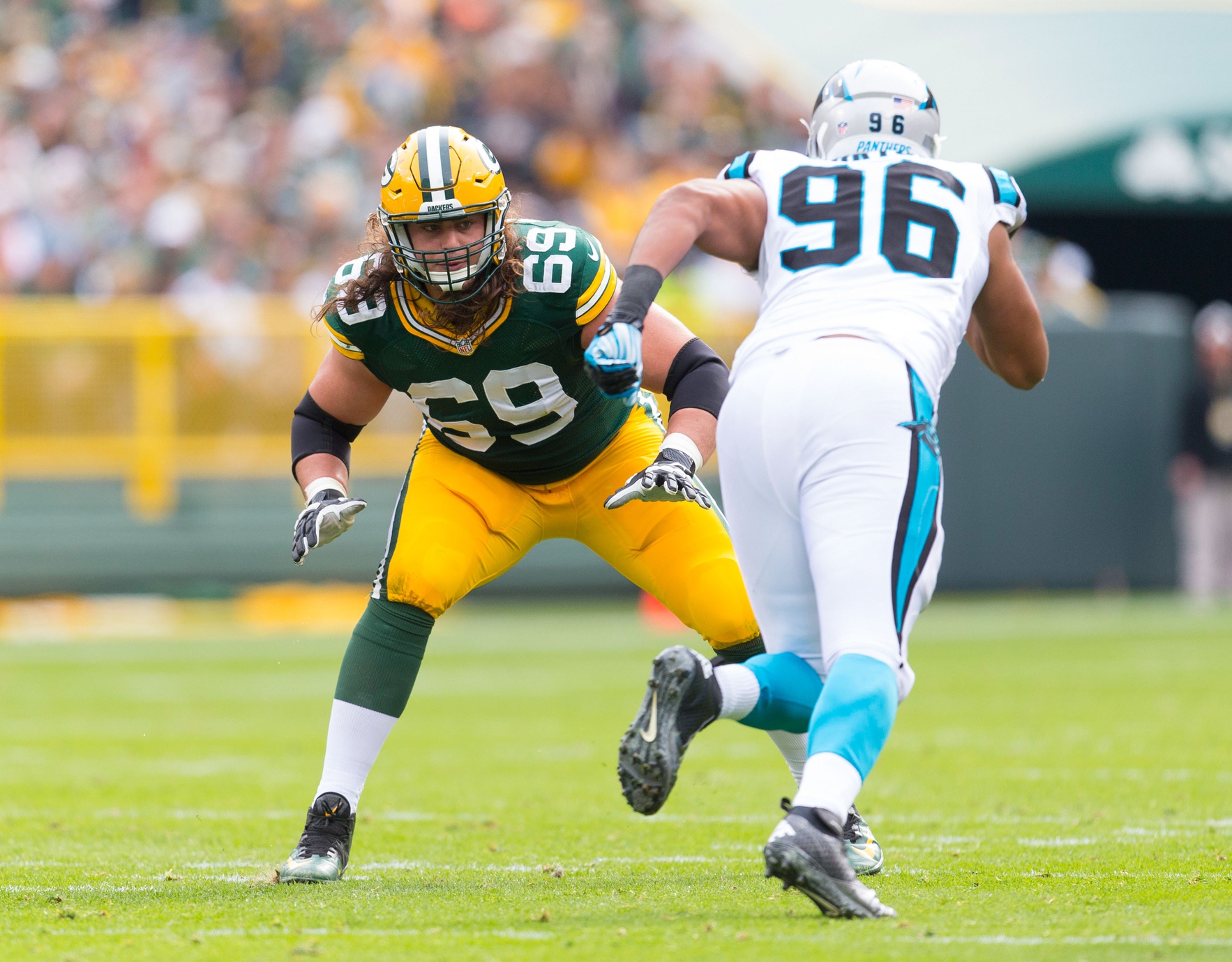 Oct 19, 2014; Green Bay, WI, USA; Green Bay Packers offensive tackle David Bakhtiari (69) during the game against the Carolina Panthers at Lambeau Field. Green Bay won 38-17. Mandatory Credit: Jeff Hanisch-USA TODAY Sports