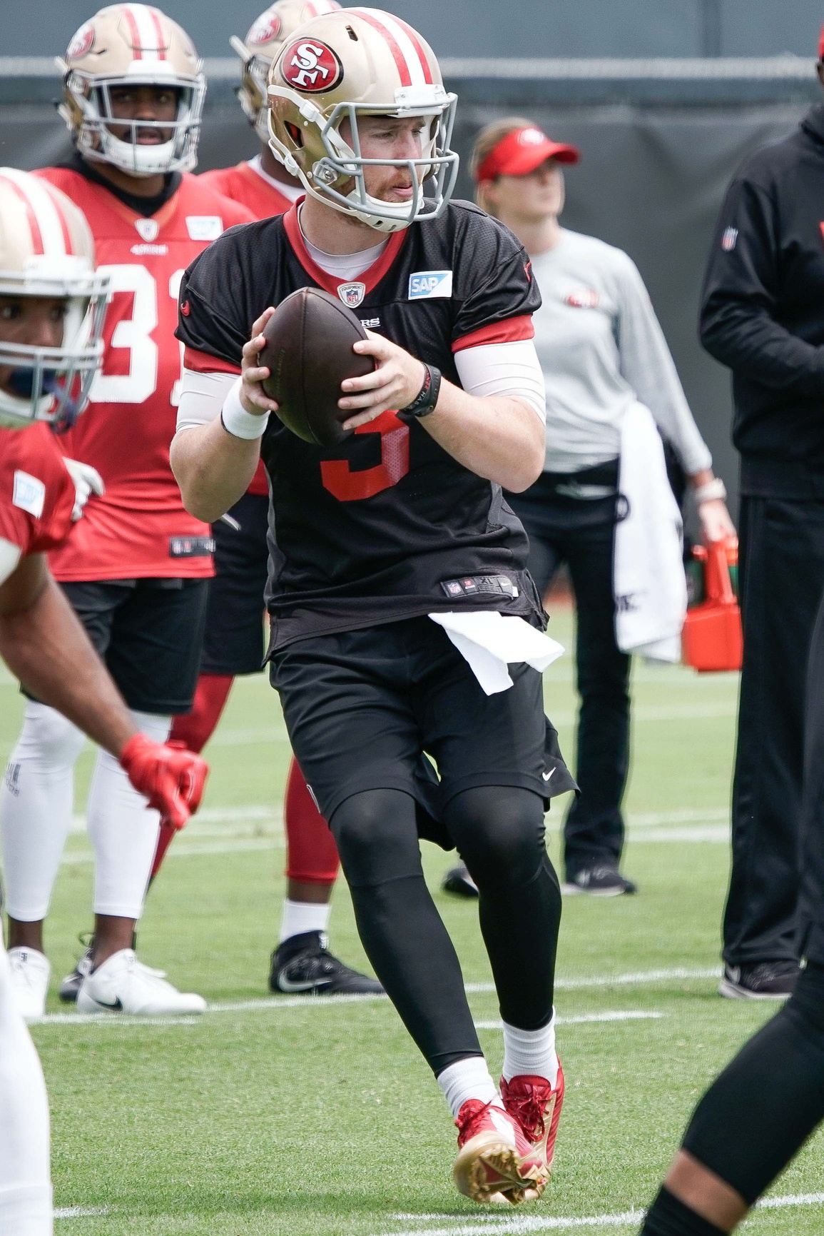 May 30, 2018; Santa Clara, CA, USA; San Francisco 49ers quarterback CJ Beathard (3) prepares to throw the ball in warms up during the organized team activities training event at the SAP Performance Facility in Levi's Stadium. Mandatory Credit: Stan (Giants)