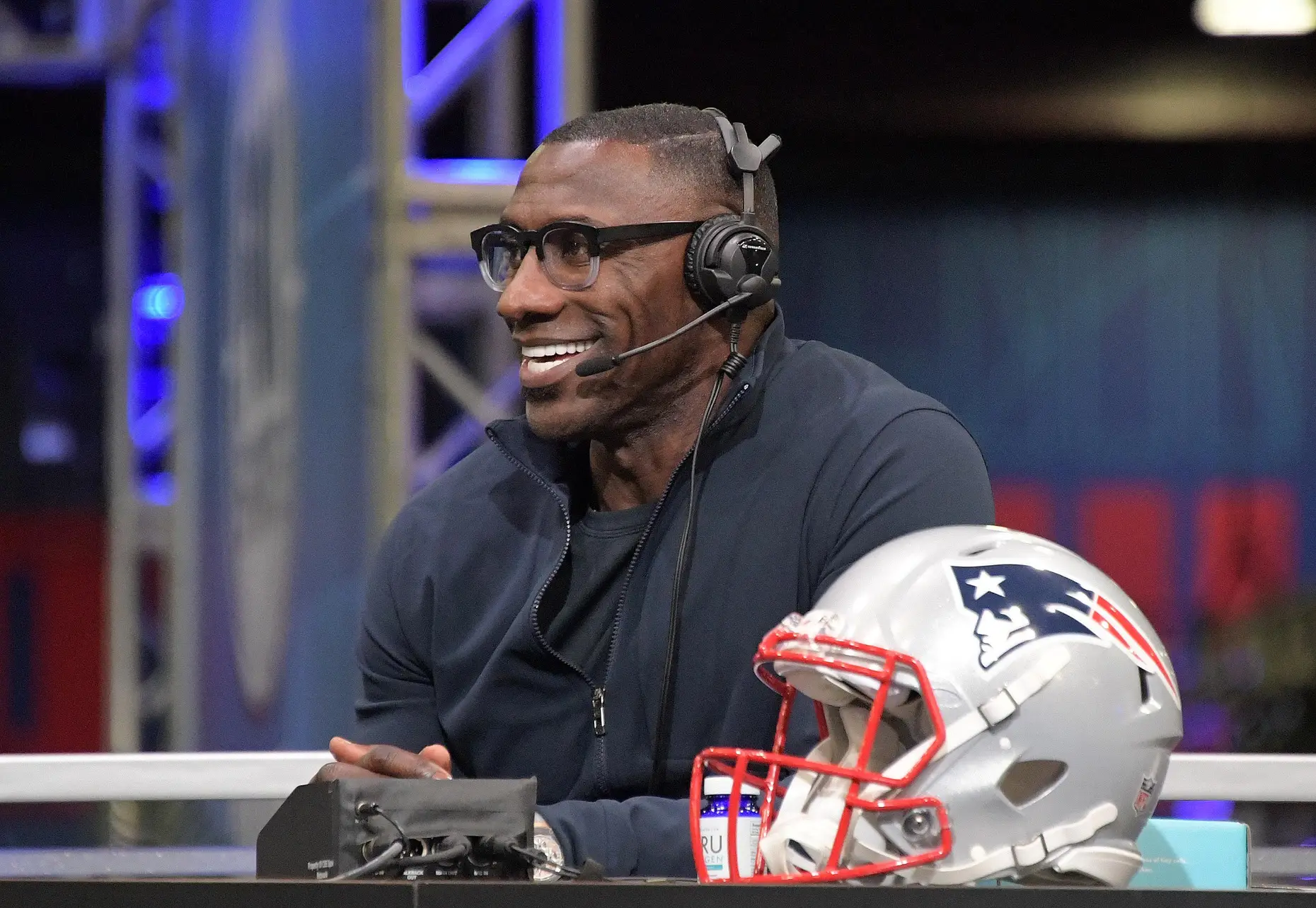 Jan 31, 2019; Atlanta, GA, USA; Denver Broncos and Baltimore Ravens former tight end Shannon Sharpe on radio row at the Super Bowl LIII media center at the Georgia World Congress Center. Mandatory Credit: Kirby Lee-Imagn Images